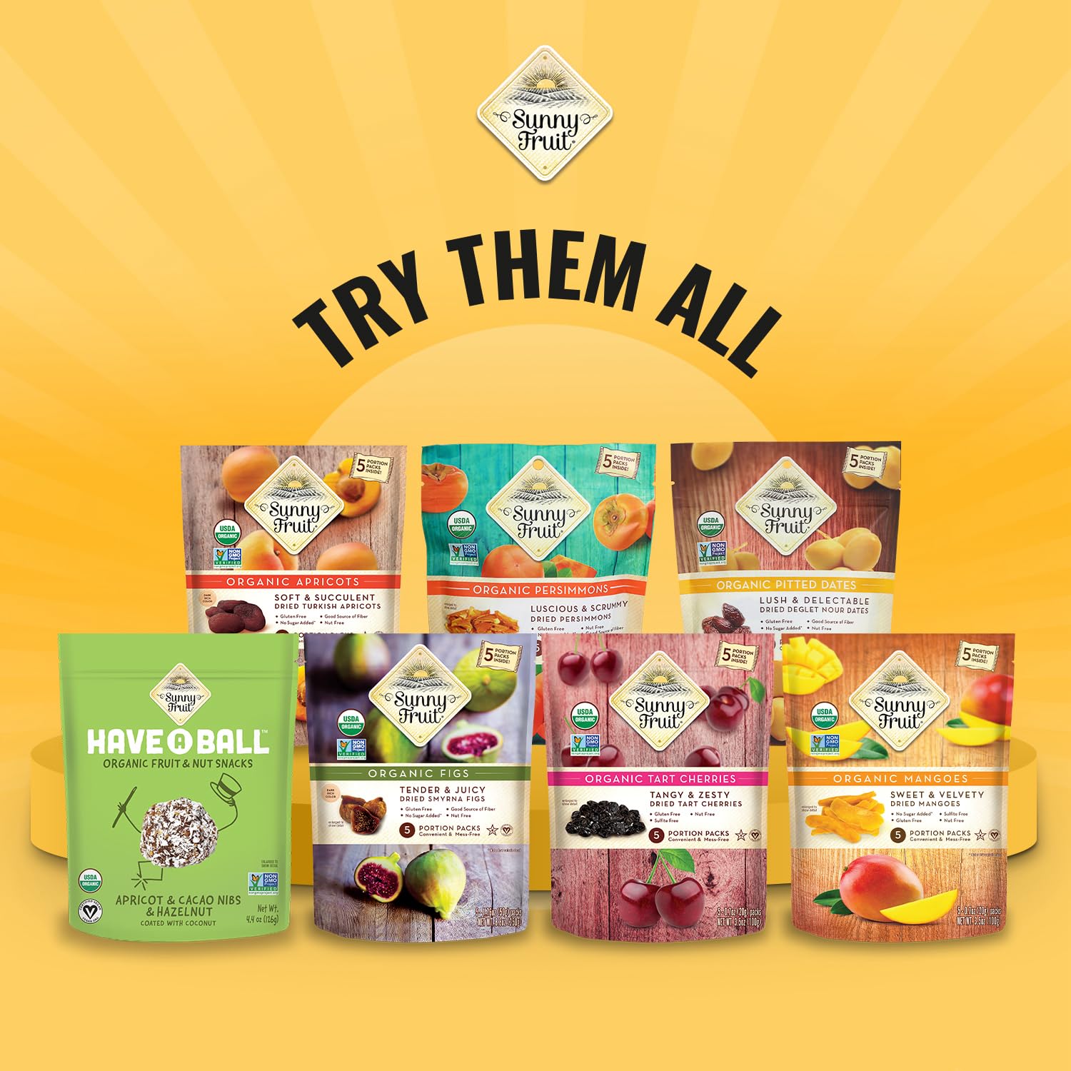 Sunny Fruit Organic Dried Fruit Assortment - Figs, Apricots, Dates, Mango, Cherries & Prunes Variety, 6 Bags