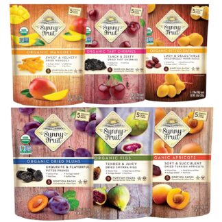 Sunny Fruit Organic Dried Fruit Assortment - Figs, Apricots, Dates, Mango, Cherries & Prunes Variety, 6 Bags