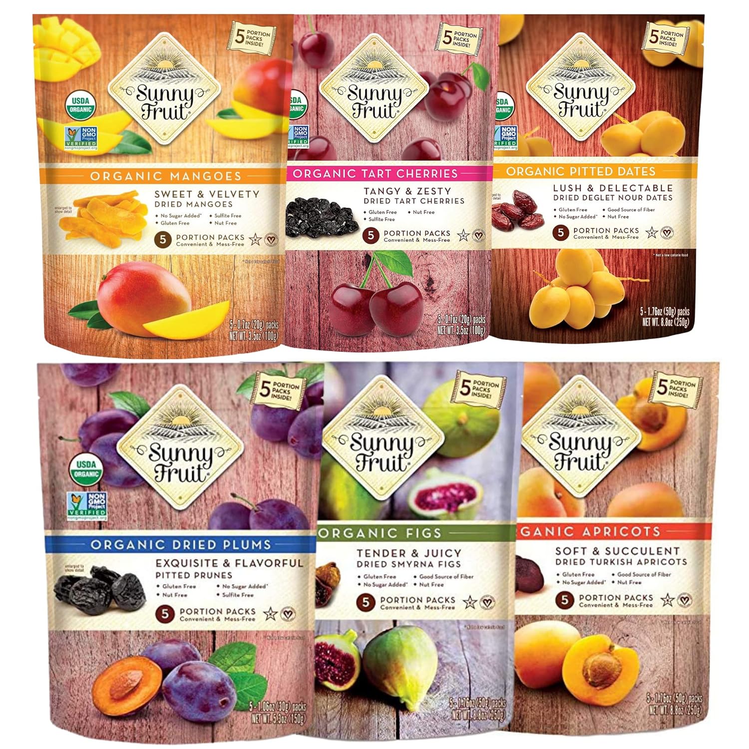 Sunny Fruit Organic Dried Fruit Assortment - Figs, Apricots, Dates, Mango, Cherries & Prunes Variety, 6 Bags